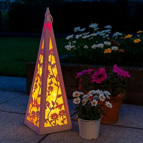 Online Fuchs LED Laterne Pyramide mit Schmetterlingen & Blumen inklusive 6-Stunden Timer - Outdoor geeignet - LED-Lichterkette mit Dauerleuchten oder Funkeleffekt - Gartendeko für draußen (Rosa)