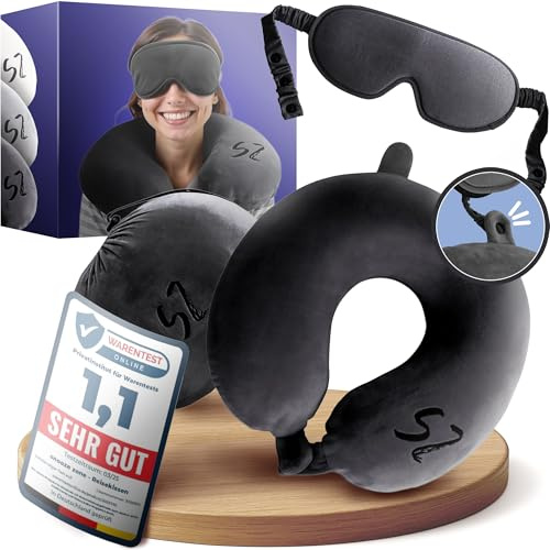Vacanity 2in1 Snooze Zone – Größenverstellbares Memory Foam Nackenkissen Flugzeug, einzigartiges Reisekissen, kompakt verstaubar, praktisches Nackenhörnchen für Reisen – Schwarz