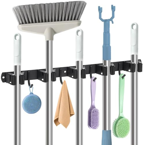 WISYOK Besenhalterung Wand, 5 Halter 4 Haken, Edelstahl, Schwarz | Schwerlast Gerätehalter, Gartengerätehalter für Garage, Werkstatt, Garten, Abstellraum