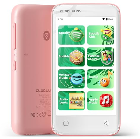Globluum Lecteur MP3 80 Go pour enfants, contrôle parental, prend en charge Spotify Kids, Audible, LibriVox, Amazon Music et Kindle : lecteur MP4 Android sécurisé avec écran tactile de 4, WiFi et