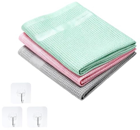 KQDRAVINE Set di 3 Panni Microfibra Cucina e 3 Gancio | SOLO CON Acqua | Panno Rapido Lava e Asciuga Senza Detergenti Strofinacci Cucina Panni Microfibra Stracci Microfibra Microfibra Auto 60x40
