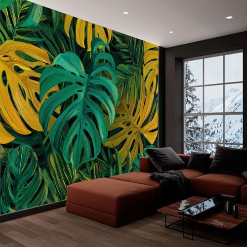 Tropical Botanical Mural Wallpaper 200 x 140 cm, Yellow Green Monstera Leaves Wall Murals Bedrooms Large Photo Wallpaper Art Decor Paper Poster for Living Room Kitchen Office Kids