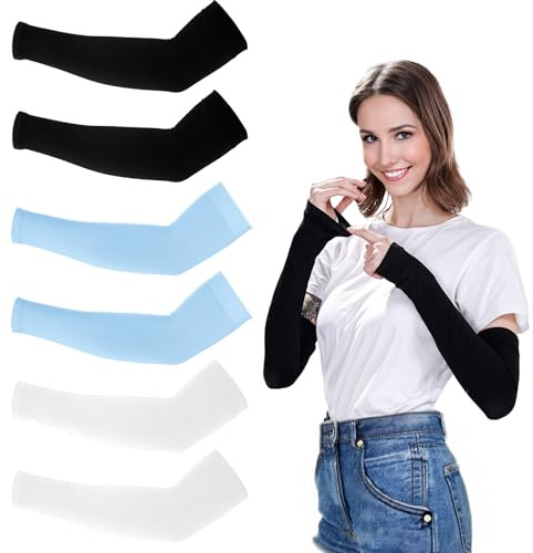 3 Pairs Arm Sleeves for Kids, UV Sun Protection Arm Sleeves, Compression Arm-Sleeve for Boys and Girls, Cooling Compression Sleeve for Basketball, Football, Baseball, Volleyball (Black, White, Blue)