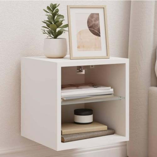 Bucmath Mobile TV da parete con luci a LED, bianco, 30 x 28,5 x 30 cm, in legno sospeso, per soggiorno e camera da letto, ampio spazio di archiviazione, moderna console TV