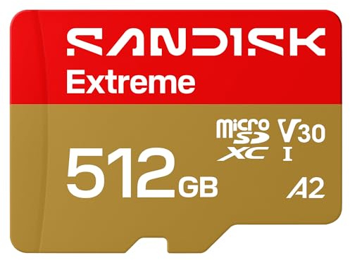 SANDISK Extreme Scheda microSDXC UHS-I + SD Adapter, 512 GB (velocità di lettura fino a 245 MB/s e velocità di scrittura fino a 170 MB/s, video 5K, C10, V30, U3, A2)