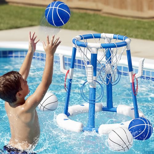 HYES Basketbollkorg för Pool, Flytande Basketboll Leksaker för Barn, Pool Basketboll med 4 Bollar 8 Ringar, Vattenspel Inomhus och Utomhus för Barn Vuxna, Blå