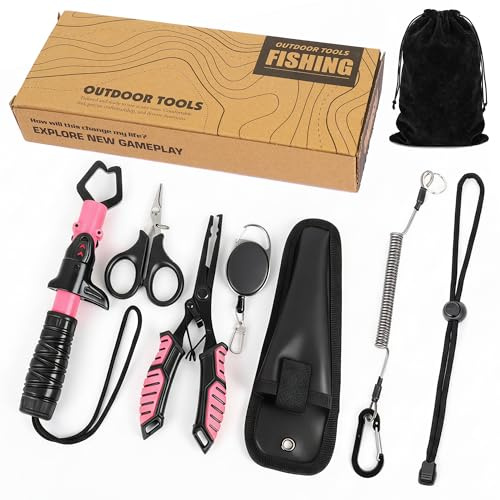 wemidels Fishing Gear Set for Women, 6PCS Fishing Accessories Tool Kit with Fish Lip Gripper & Pliers, Ice Pink Fishing Gear for Freshwater Saltwater, Gift for Fishermen,Gripper Fishing Gifts for Men