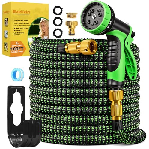 Expandable Garden Hose Pipe 100FT, Retractable Flexible Hose Pipe, 10-Pattern Spray Nozzle, 3/4 & 1/2 Alloy Connectors, Leak-Proof, Kink-Free, Expanding Water Hose for Gardening, Washing & Cleaning