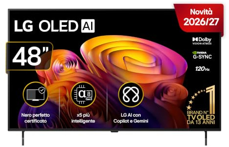 LG OLED AI 48 Pollici, Serie B6E 2026 Smart TV 4K - OLED48B6ELC | Nero Perfetto, Dolby Vision & Atmos, Processore ?8 Gen3, AI Magic Remote, WebOS con Gemini, VRR, G-Sync 4K@120Hz