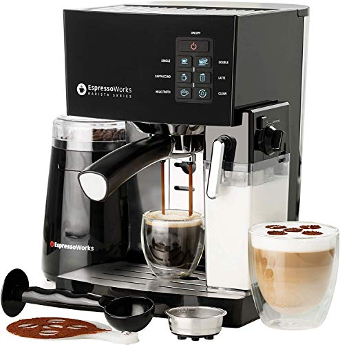 EspressoWorks 10Pc All-in-One Barista Bundle Espresso Machine & Cappuccino Maker, Built in Milk Steam & Frother, Electric Grinder, 2 Cappuccino & 2 Espresso Cups,16 Coffee Stencils (Black)