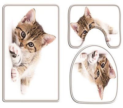 A.Monamour Badezimmer Badematte 3 Teilig Set Kleine Braune Kätzchenkatze, Die Auf Grundtier Liegt Flanell WC Toilette Deckel Deckt Bad Matte Teppich Badteppiche Badvorleger Badgarnitur Vorleger