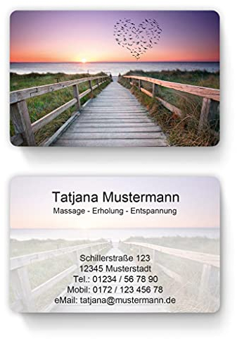 100 Visitenkarten, laminiert, 85 x 55 mm, inkl. Kartenspender - Steg Strand Meer