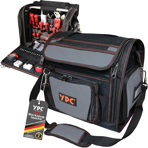 YPC Foreman verktygsväska XL – bärbar förvaringsväska med karbinhakar, vattentät, slitstark, stabilt metallhandtag och axelrem med stoppning, grå-svart, 37 x 36 x 27 cm – 20 kg lastkapacitet