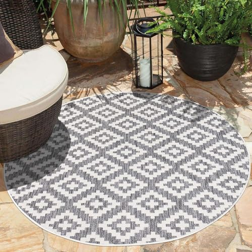 carpet city Teppich Outdoor Wetterfest - Grau - 120x120 cm Rund - Rauten-Optik - Balkon Teppich Wasserabweisend - In-& Outdoor Teppiche für Terrasse, Garten, Küche, Bad oder Wohnzimmer