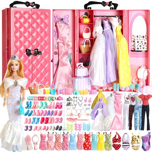 Armadio per bambole UCanaan da 20 pollici, con 20 supporti per vestiti e portaoggetti per accessori (senza bambole e accessori di abbigliamento) - Rosa