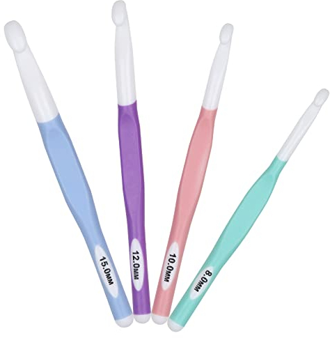 Große Häkelnadel Set mit Gummigriff, 8,0 mm, 10,0 mm, 12,0 mm, 15,0 mm, Ergonomisch Kunststoff Häkelnadeln für Arthritis, Profis Komfortgriff Häkelnadel zum Anfänger Kinder für Pullover Schals Teppich