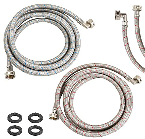 2 Pack 10 FT Stainless Steel Washing Machine Hoses with 90 Degree Elbow,Burst Proof Red and Blue Striped Water Connection Inlet Supply Lines, Universal Fit to All Wash Machines