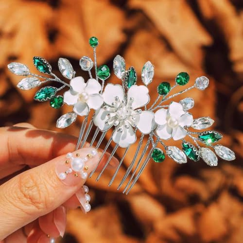 IYOU Blume Braut Haarkamm Grün Kristall Haarschmuck Strass Hochzeit Seiten Kamm Braut Brautjungfer Kopfschmuck für Damen