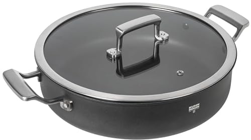 KUHN RIKON New Life Pro Antihaft-Servierpfanne mit Edelstahlgriffen und Glasdeckel, 24 cm / 3 Liter, hergestellt in der Schweiz aus 100% recyceltem Aluminium, induktions- und ofenfest