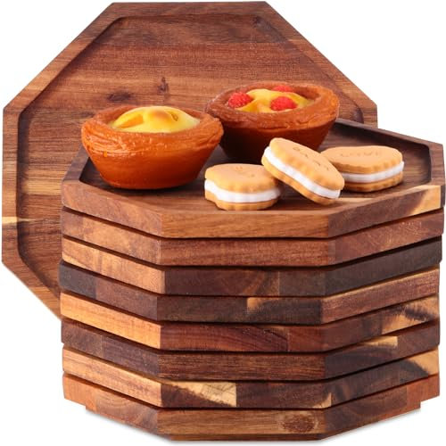 Dandat 8 bandejas octogonales de madera de acacia para servir de 8 pulgadas, platos octogonales de madera, tablas de charcutería grandes, platos de servir para el hogar, cama, pan, carne, frutas,