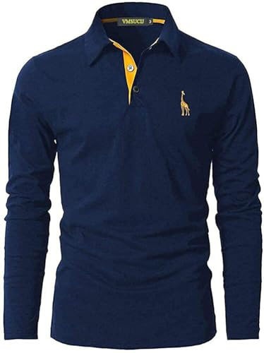 VMSUCIJ Poloshirt Herren Langarm Baumwolle Casual Slim Fit Giraffen Stickerei Männer Hemd T-Shirt Golf Sports Polohemd