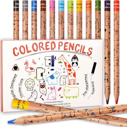 nsxsu Jumbo Buntstifte für Kinder, 12 Fett Dreikant Farbstifte Set für Alter 3-12, Tiermuster Dicke Farben Bleistifte, kindergeburtstag, Vorschule, Kleinkinder & Anfänger Adventskalender Füllung
