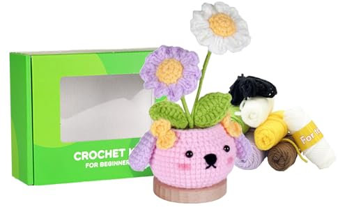 SpoxWon Gänseblümchen Häkel Set für Anfänger, Häkel Set mit Häkelnadel, Knäuel, Nadeln, Zubehör, Strick Set für Erwachsene und Kinder mit Schritt-für-Schritt Videoanleitung
