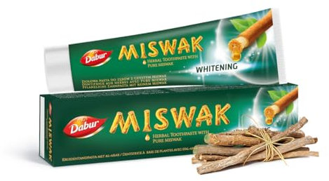 Dabur Miswak - Pasta dental blanqueadora a base de hierbas, 100 g, para dientes fuertes y sonrisas más brillantes, cuidado bucal natural enriquecido con extracto puro de Miswak