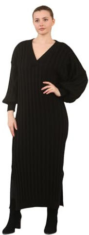 janisramone® Womens Rib Knitted Dress, Long Balloon Sleeve V Neck Maxi Dress, Warm Side Split Dress, Winter Maxi Dresses for Women UK, Casual Long Knitted Jumper Dresses Black
