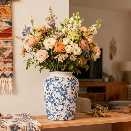 orenm Vase en céramique bleu et blanc - Vase décoratif vintage en porcelaine pour salon, décoration de table, table à manger et rebord de fenêtre - Hauteur : 20 cm