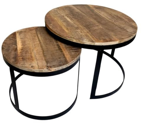 Amago home Couchtisch 2er Set rund Ø 58 cm mit Beistelltisch Ø 43 cm Metall-Gestell mit Holzplatte massiv Farbe schwarz matt - Tabacco