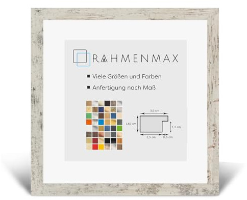 RahmenMax® Morena Bilderrahmen Holz 28x28 cm zum Aufhängen/Bilderrahmen Maßanfertigung möglich/MDF Posterrahmen/Bilder Rahmen in Weiss Vintage mit 1mm klarem Acrylglas/Puzzle Rahmen