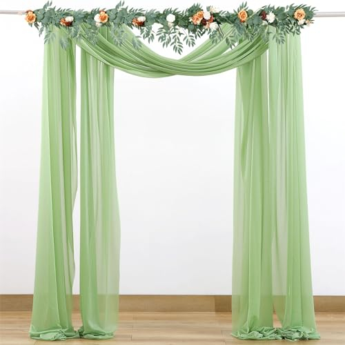 FANSU Set mit 2 Stück Vorhang Hochzeitsbogen, Querbehang Freihanddeko Chiffon Tüll Stoff Deko Vorhang Hochzeit Querbehang Deko Gardinen für Party Zeremonie (Grün,2.4x32.8ft/75x1000cm)