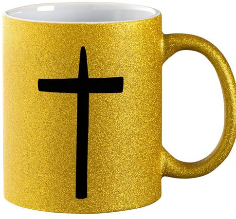 Huuraa Glitzer Kaffeetasse Kreuz Christentum Geschenk 330ml Gold Kreuz Geschenkidee
