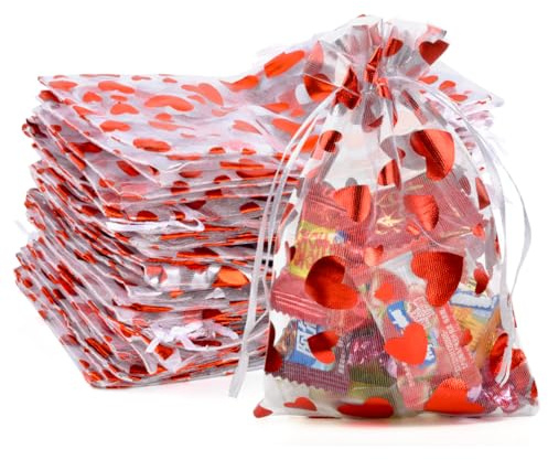 MAOOY 100 Stück Kleine Organzasäckchen mit Kordelzug 13X18cm,Säckchen zum befüllen, Geschenktüten,für Ideal als Weihnachten,Hochzeit,Geburtstag Party(Weißer Hintergrund mit Rotem Herz)