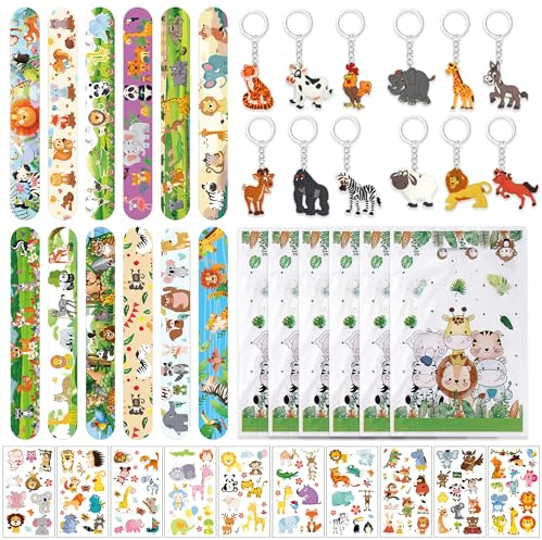 Dschungel Safari Mitgebsel Kindergeburtstag Geschenk, 56 Stück Kinder Geburtstag Tiere Partytüten Gastgeschenke Geschenktüten Aufkleber Schnapparmband Schlüsselanhänger Give Aways für Jungen Mädchen