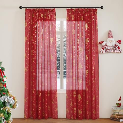 PONY DANCE Rote Weihnachtsgardine Transparent Weihnachten Vorhänge mit Kräuselband für Schiene 2er Set Wohnzimmer Gardinen Weihnachtsmotiv Sheer Curtains for Living Room, H 245 x B 140 cm