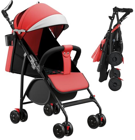 Willonin Kinderwagen, Rot, ab Geburt bis 4 Jahre (bis 25 kg), sitzend oder liegend, verstellbarer Griff, 4 Räder mit Baumwollmatte + Moskitonetz