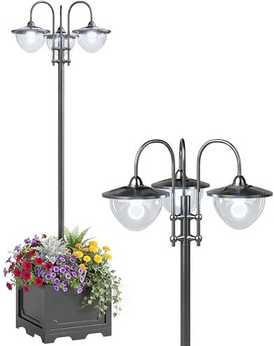 Outsunny 189cm 3-Head Solar Lamp Post, Street Light with Planter, Automatic-on, 6 Hour Max Outdoor Ready LED Lighting, Black