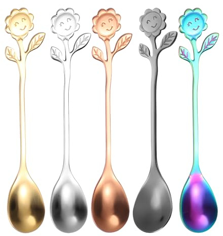 LHLZNB 5 Pcs Sunflower Stainless Steel Coffee Scoop - Precision 15ml Dessert Spoon for Baking, Tea & Coffee, Dishwasher Safe Floral Spoon with Vintage Design, Kitchen Gift for Her