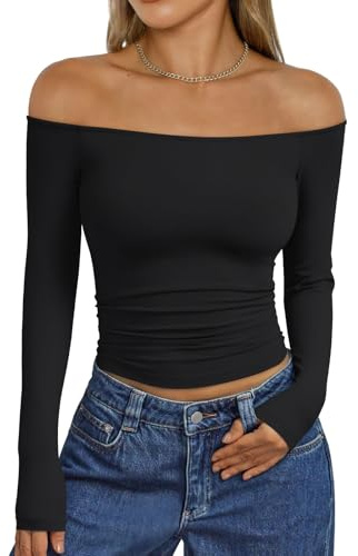 Trendy Queen Womens Long Sleeve Off The Shoulder Tops Going Out Basic T Shirts Cute Sexy Crop Boat Neck Y2K Corset Concert Fall Fashion 2026 Outfits Clothes Black M
