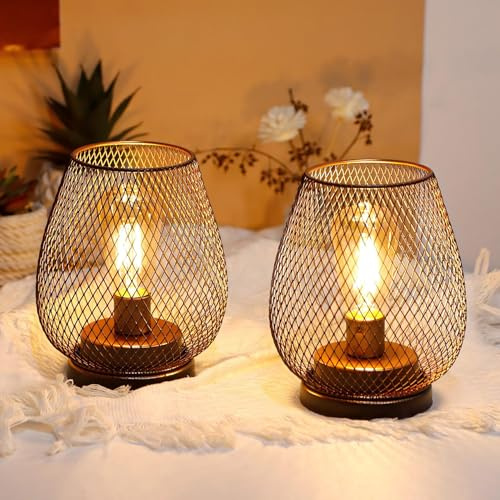 JHY DESIGN Set mit 2 LED-Laternen aus Metallkäfig, batteriebetrieben, kabellos, Akzentlampen mit LED und 6-Stunden-Timer, ideal für Hochzeiten, Partys, für drinnen und draußen