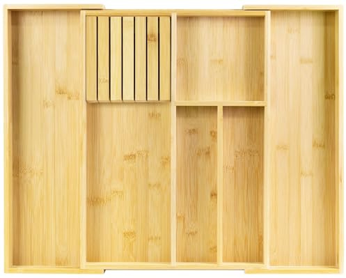 VaeFae Bamboo Cutlery Drawer Organiser, Expandable Cutlery Tray for Kitchen | Wooden Utensil Holder with Removable Divider, for Spoons Forks, Knives, 43 cm D x 32-54.3 cm W, 4-6 Slots, Natural