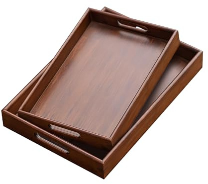 CHUENHEI 2 Stück Bambus Serviertablett mit Griffen, 38x26x4cm und 33x22x4cm Serviertablett Holz Set, Bambus Tablett Rechteckig für Tee, Kaffee, Frühstück, Abendessen Partys, Braun