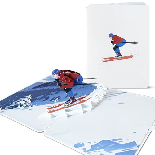 BIROYAL Pop Up Karte Geburtstag Skifahrer - Winter Geburtstagskarte 3D - Gutschein für eine Skireise - Ruhestand Karte - Ski Geschenkkarte, Gutscheinkarte für Männer zum Skifahren & Skiurlaub