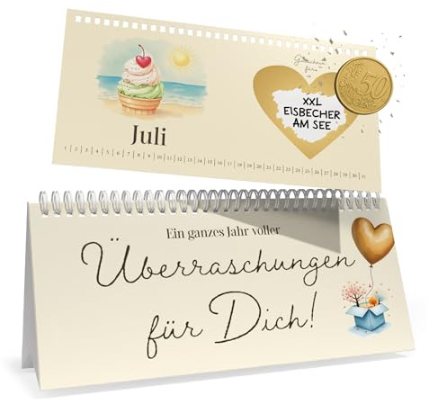 Gutscheinkalender 1 Jahr 12 Gutscheine, mit 12 Rubbelaufklebern, DIN Lang | Jahrestag Geschenk für ihn und sie, Date Ideen für Paare, Gutscheinheft zum selber ausfüllen Partner, süßes Geschenk Partner