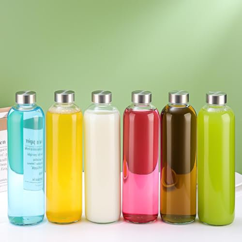 simpa 1000ml Reusable Glass Bottles With Stainless Steel Lids - Set of 6 - Suitable for Work, Gym, Home, Hot or Cold Drinks.