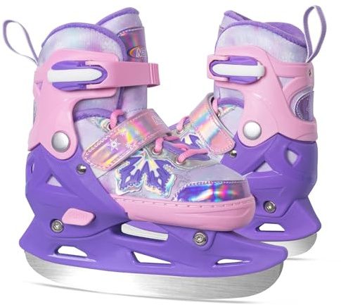 Nattork verstellbare Kinder Eisrutschen - 4 Größe Schneeflocken Spitze-Up Skates mit warmem Plüsch Futter, Triple Sicherheit Knöchel Unterstützung, Edelstahl Klingen