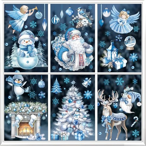 wondever Adesivi per Finestre Albero Natale Blu Babbo Renna Vetrofanie | Vetrofanie Adesivi Anticollisione, Doppia Faccia Elettrostatici, Adesione Statica, Rimovibile Riutilizzabile, per Vetro Porte
