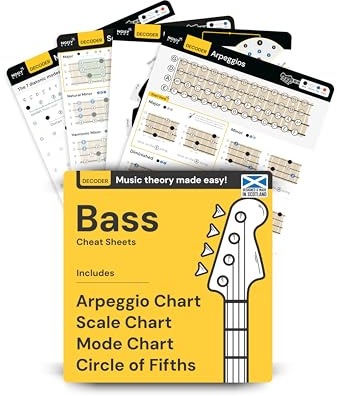 Noisy Clan Basgitarr Ackord & Skalor Paket - Nybörjarguide för Musikteori och Greppbräda - 4 Dubbelsidiga Laminerade Blad (8x8”) i en Skyddande Mapp - Slitstarka Tillbehör